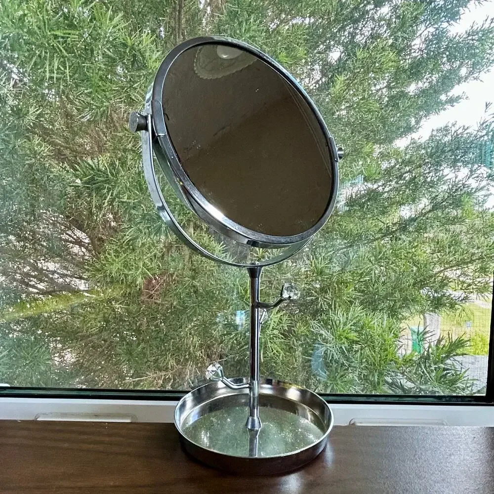 Vintage Chrome Vanity Mirror with Rhinestone Accents and Jewelry Tray – 11”